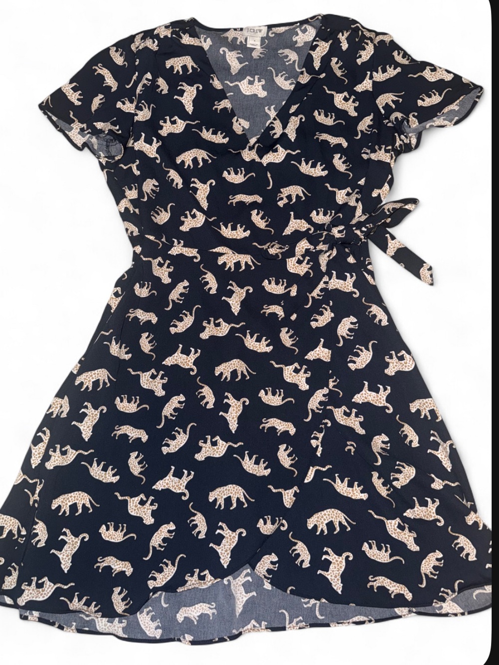 J Crew Leopard all over print Short Sleeve A LINE Tie Wrap women’s Dress size 4